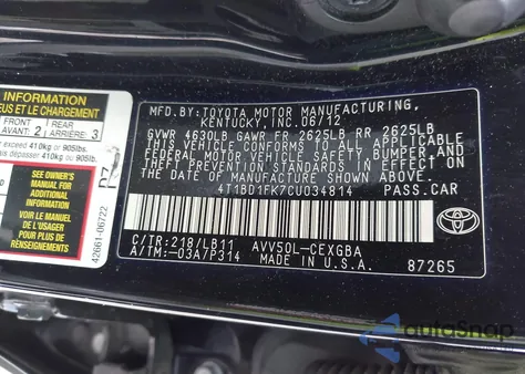 2012 Toyota Camry Hybrid Xle from USA, damaged, VIN 4T1BD1FK7CU034814